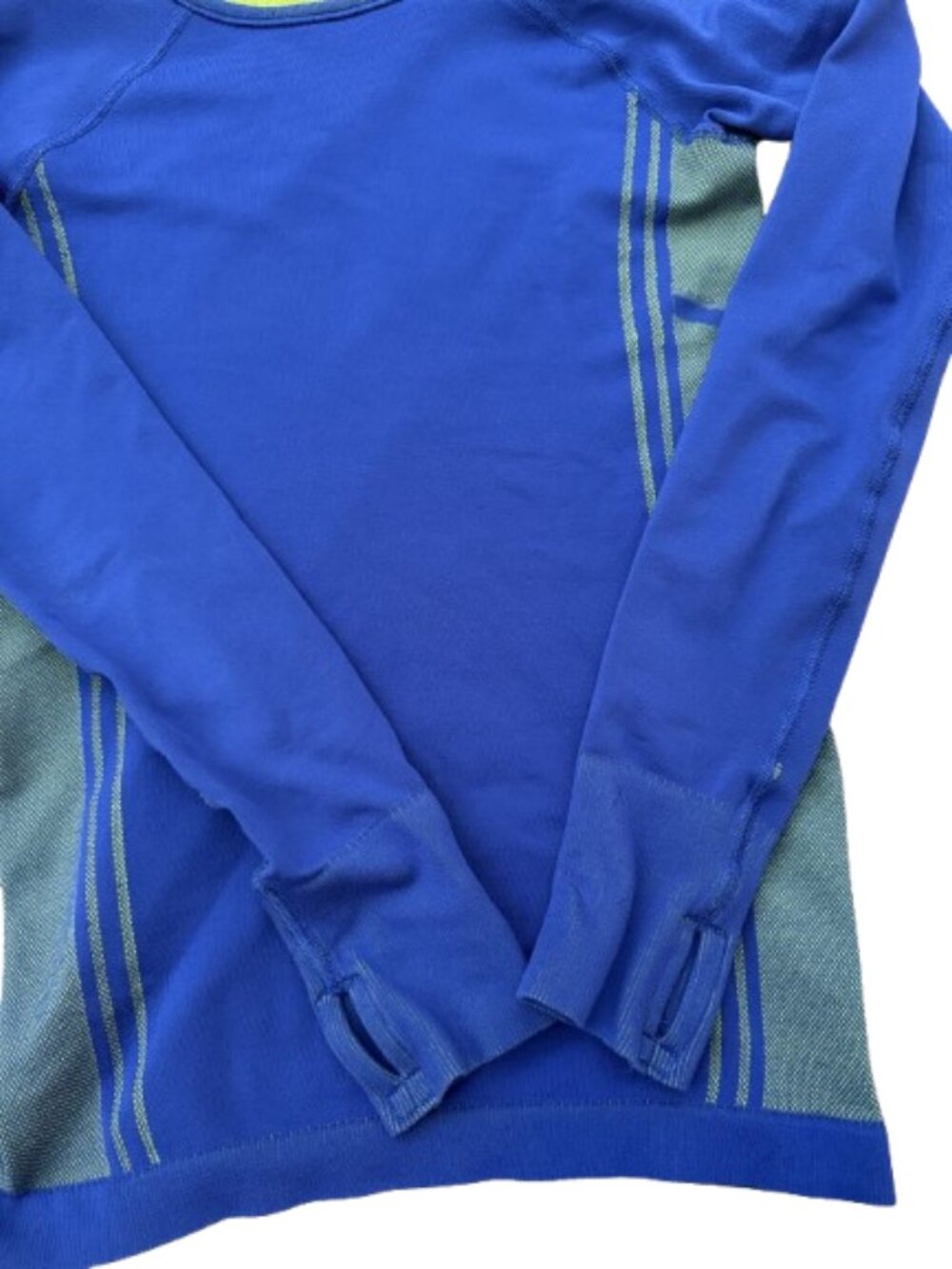 Blue Athleta Activewear Long Sleeve W/ Neon Green Side Panels Moisture-Wicking - Picture 5 of 5